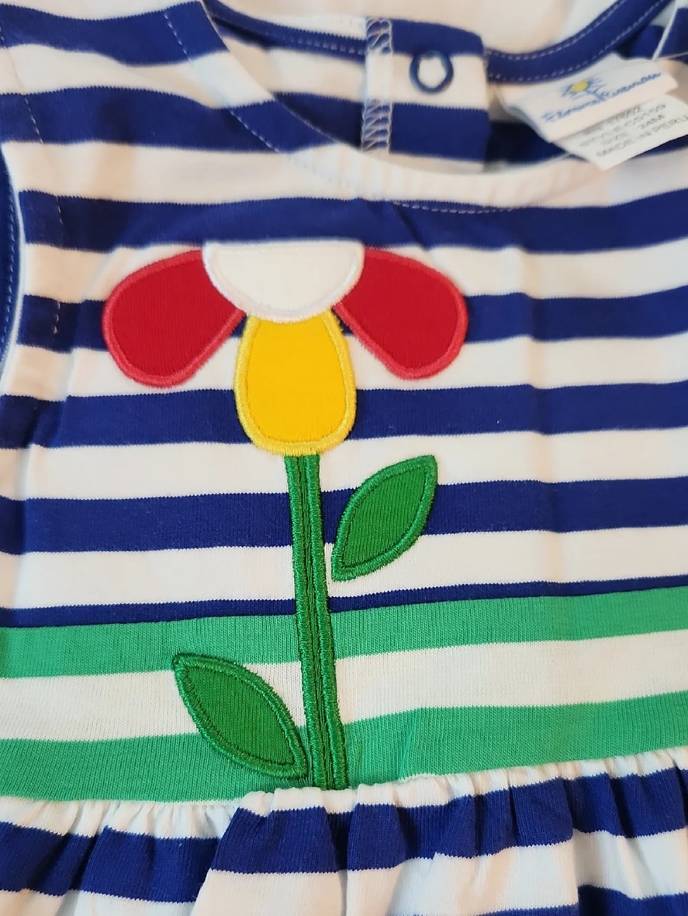 Florence Eiseman Navy & White Striped Baby Romper with Yellow Sun Logo